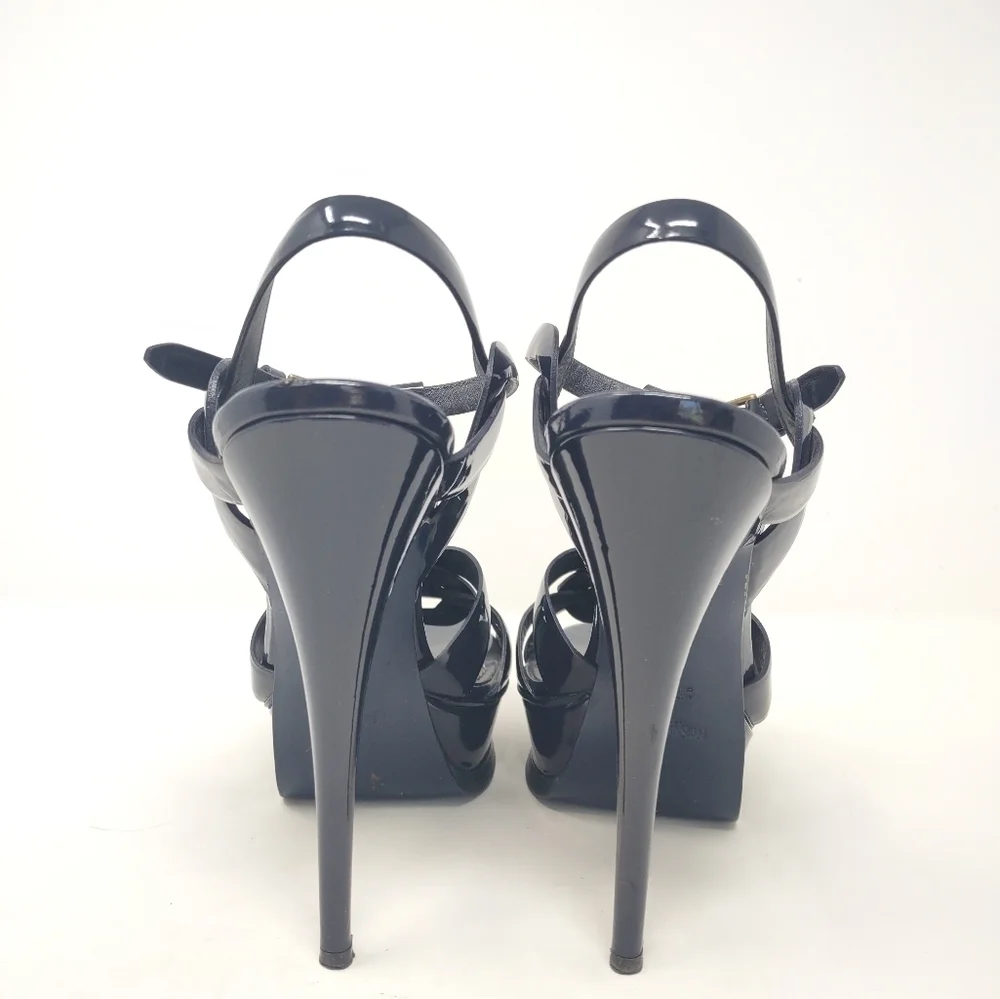 Yves St Laurent YSL 40 tribute BLUE patent leather platform sandals Celebrity